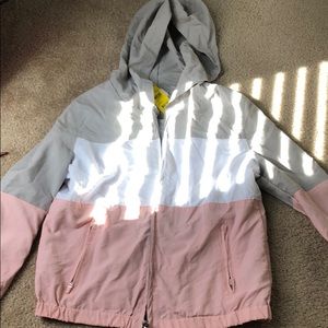 Gray, white, and pink striped jacket